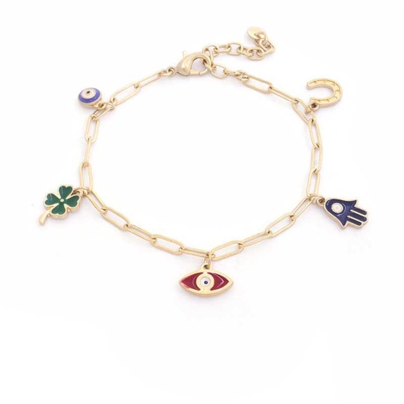 Hamsa Hand Colored Charm Oval Linl Bracelet - Picture 1 of 1